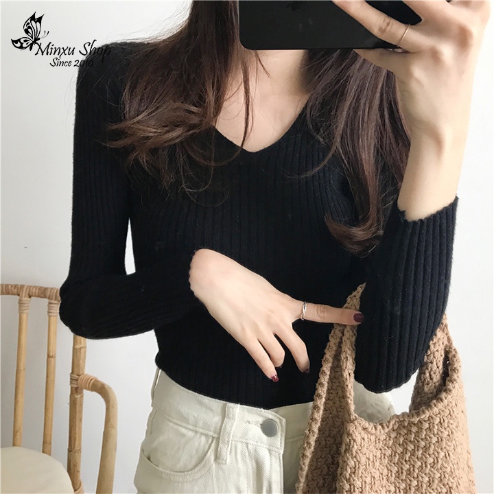 Áo len nữ Hàn Quốc tay dài, áo len nữ kiểu dệt kim cổ TIM dáng ôm trẻ trung cá tính Minxu Shop LEN04
