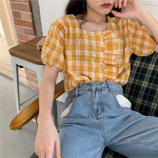 Áo Sơ Mi Ca Rô Ngắn Tay Cổ Vuông Thời Trang Hàn Quốc Dành Cho Nữ XJ-XJ 1225