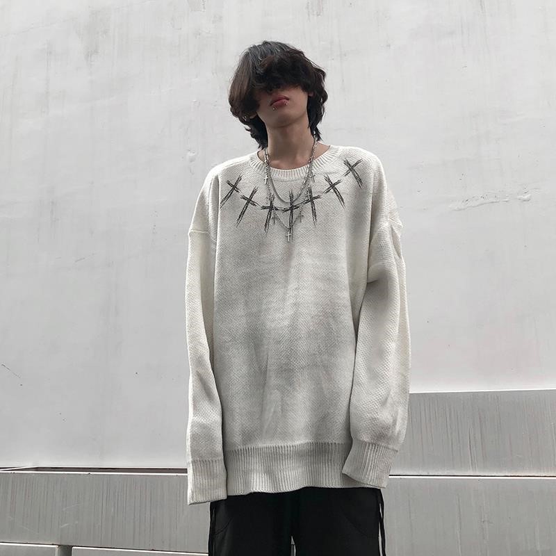Áo Sweater dệt kim dáng rộng in họa tiết nhuộm màu kiểu Retro thời trang thu đông cho các cặp đôi