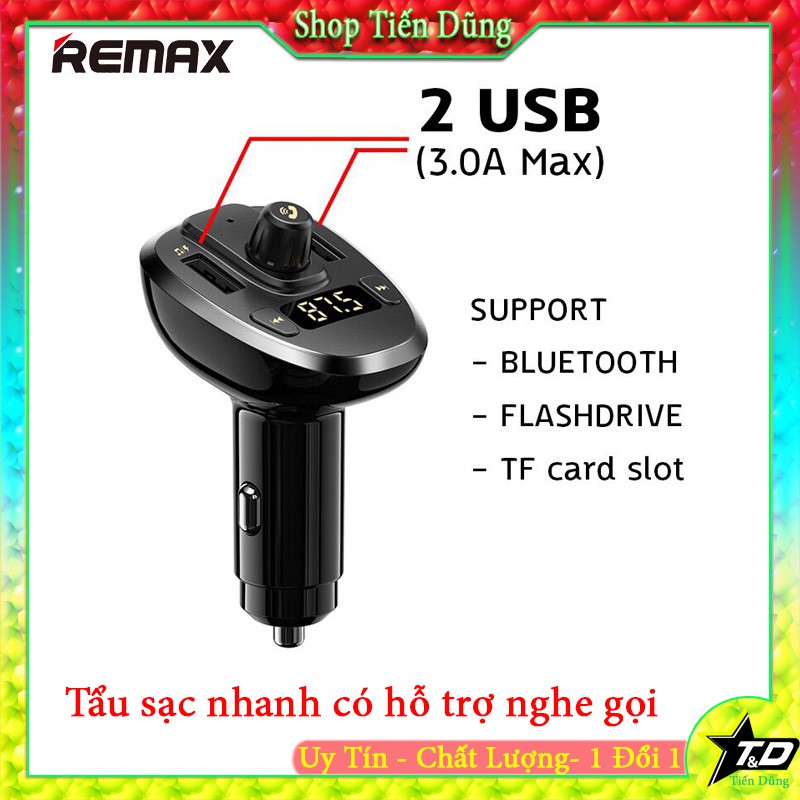 Tẩu sạc oto remax RCC109 2 cổng USB nàm hình led hỗ trợ bluetooth nhận cuộc gọi hỗ trợ nghe nhạc