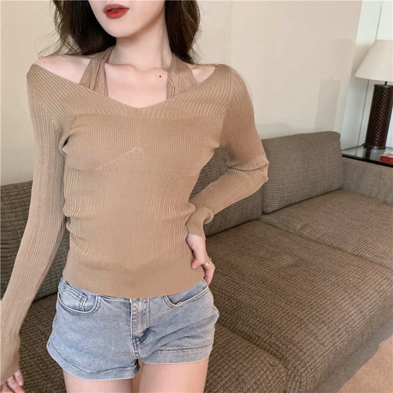 SUXI Áo dây dệt kim dài tay màu trơn thời trang Hàn Quốc cho nữ