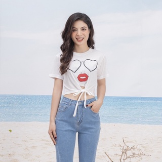 Áo thun nữ croptop Lency phông ngắn tay kiểu dáng thắt nơ tai thỏ phong cách - AO0859