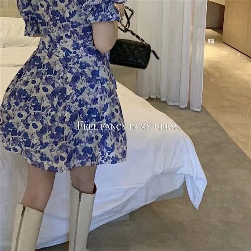 Đầm Ngắn Eo Cao In Hoa Kiểu Retro Pháp Thời Trang Mùa Hè Quyến Rũ Cho Nữ