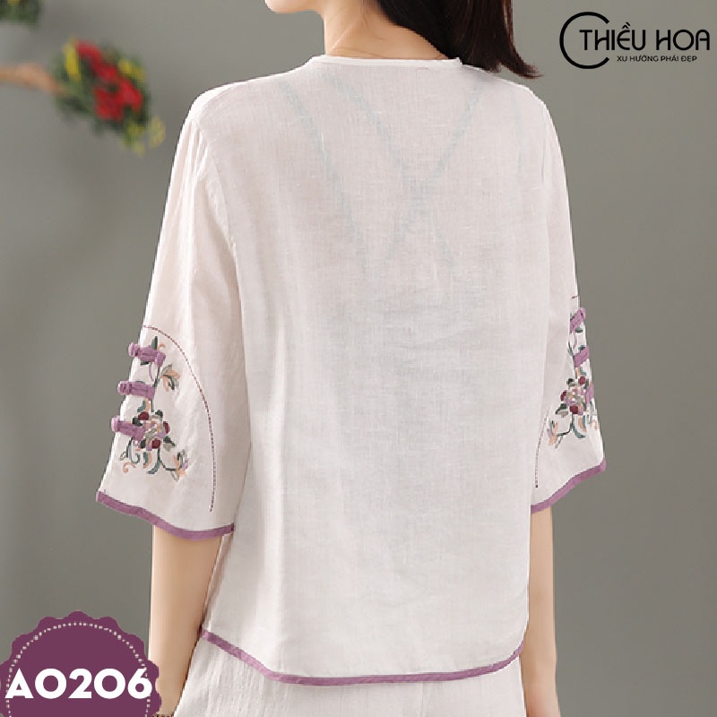 Áo Nữ Trung Niên Chất Linen Thêu thoải mái Thiều Hoa A0206