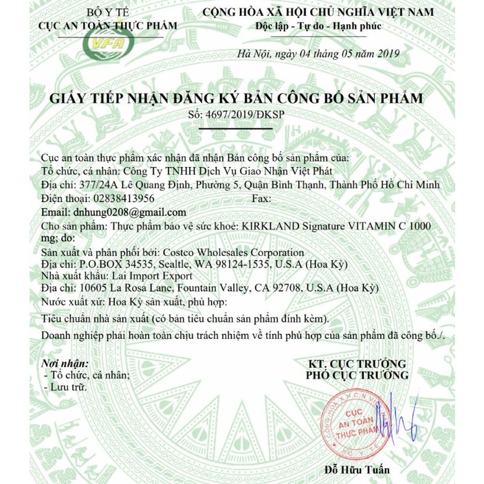 Vitamin C Kirkland 1000mg 500 Viên Cam Kết Chính Hãng