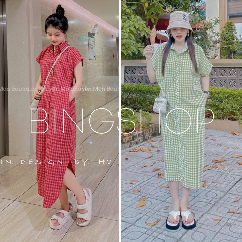 Đầm sơ mi nữ dáng dài vintage cổ cao cánh dơi vạt bầu Bingshop