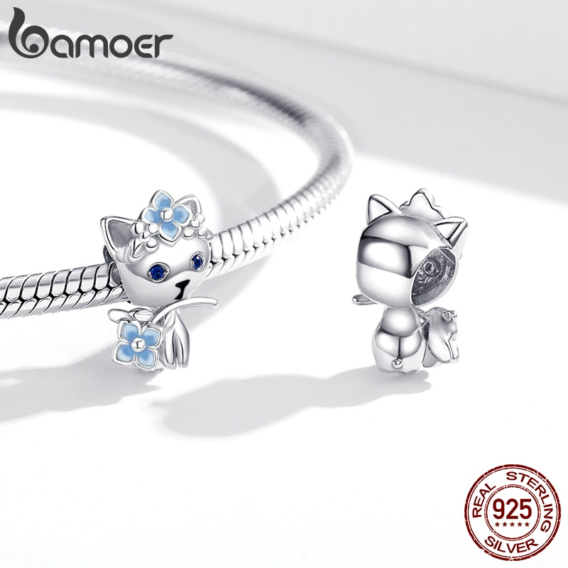 Hạt charm Bamoer BSC394 mạ bạc 925 hình mèo và cành hoa dễ thương trang trí vòng tay