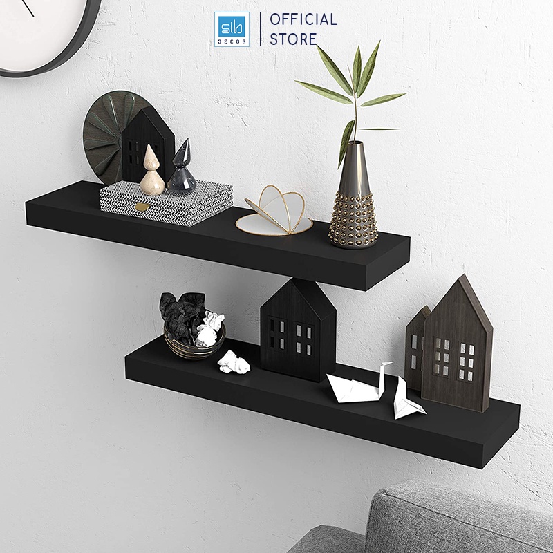 Set 2 Kệ Gỗ Treo Tường Cùng Kích Thước Màu Đen SIB Decor, Loại Kệ Gỗ Dày 25mm