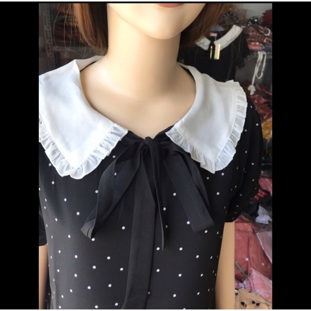 Váy Bầu Thiết kế công sở Cổ Trắng sen chấm bi Lịch sự, sang trọng, váy size từ 40-75kg