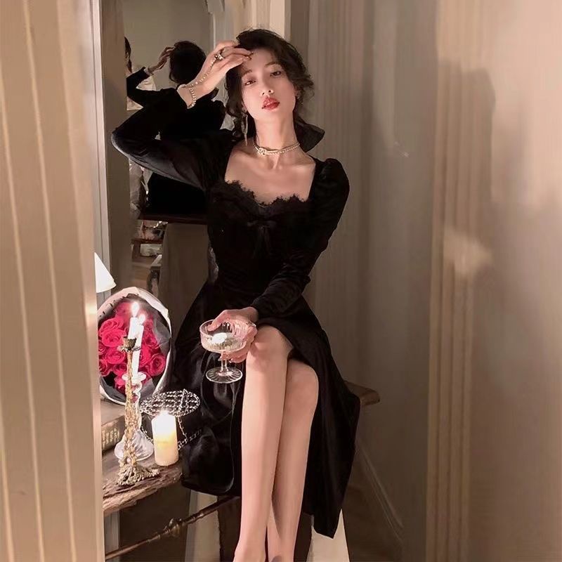 2023 chic Đầm midi Nhung Đen Dài Tay Phong Cách Retro Thanh Lịch Quyến Rũ Cho Nữ