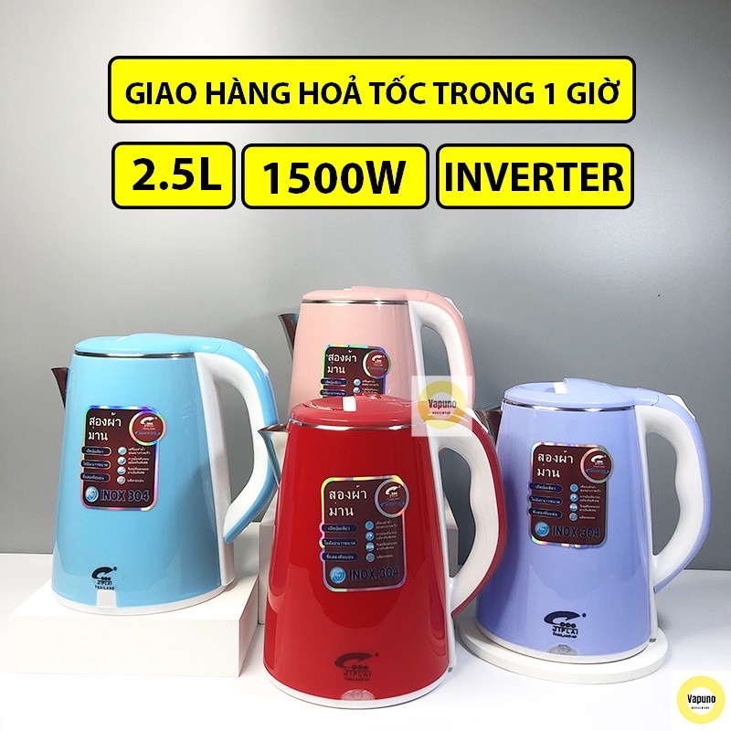 Ấm Đun Siêu Tốc JipLai Thái Lan - Ấm Đun Inox 304 - Thể Tích 2.5L - Công Suất 1500W - Bảo Hành 6 Tháng