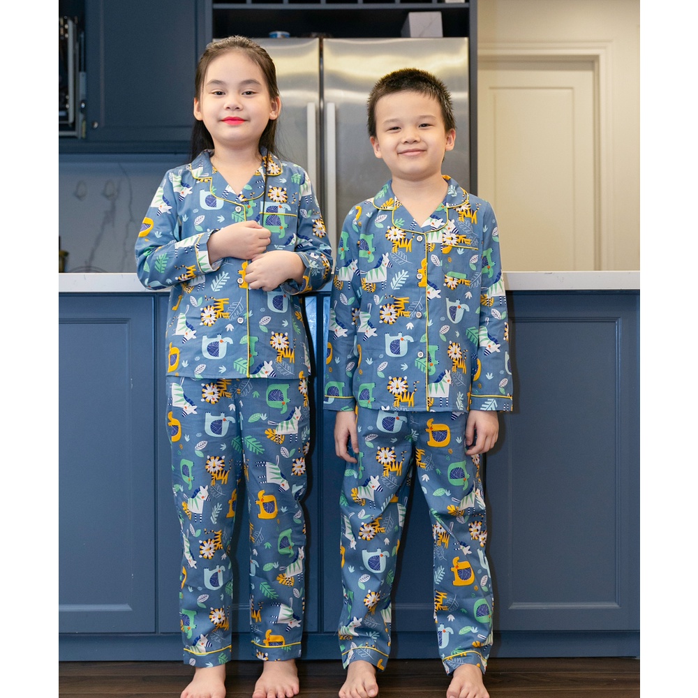 Bộ ngủ Pijama bé gái áo dài quần dai màu xanh hình hổ con