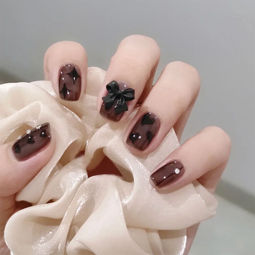 [Hàng mới về] Hộp 24 móng tay giả ngắn đầu tròn/vuông loại ấn che phủ toàn diện họa tiết nơ/trái tim có thể tháo rời