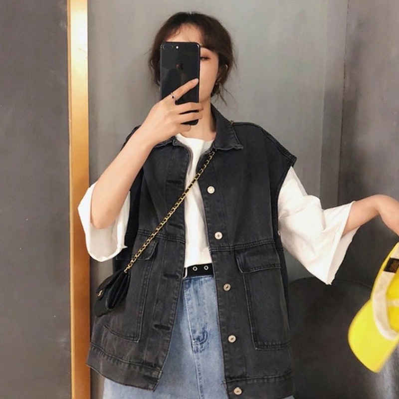 Áo Khoác Jeans Áo Gile Bò Unisex Không Tay Màu Xanh Và Đen Dáng Suông Cài Cúc Cổ Sơ Mi Chất Loại 1 Phong Cách Ulzzang