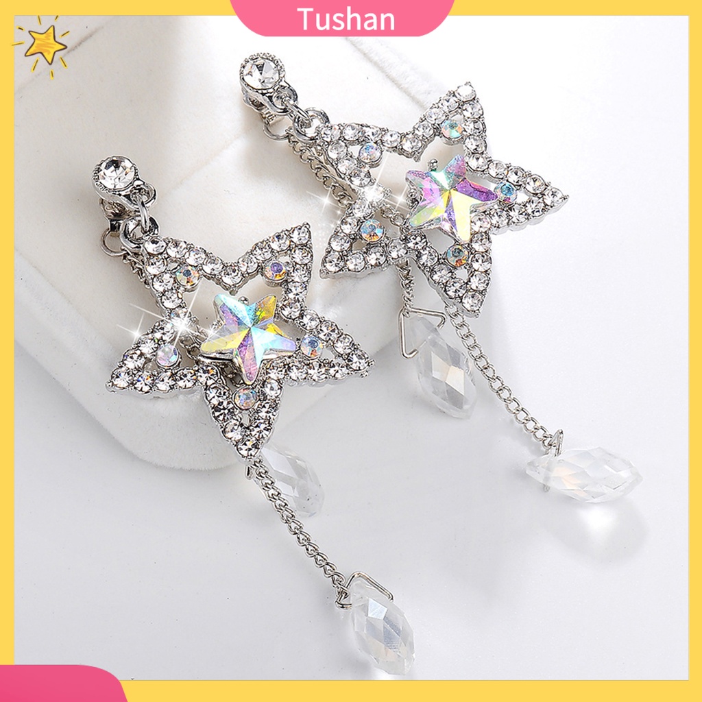 TUSH_Women Cubic Zirconia Inlaid Star Chain Tassel Dangle Stud Earrings Jewelry Gift