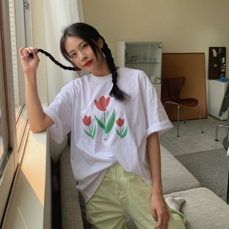 Áo thun nữ tay ngắn cổ tròn 100% cotton phong cách Hàn Quốc