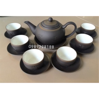 Bộ ấm chén gốm Phúc Lộc Thọ men đen chỉ nâu lòng trắng