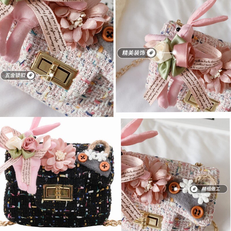 Túi xách dạ đính hoa nơ thời trang cao cấp cho bé