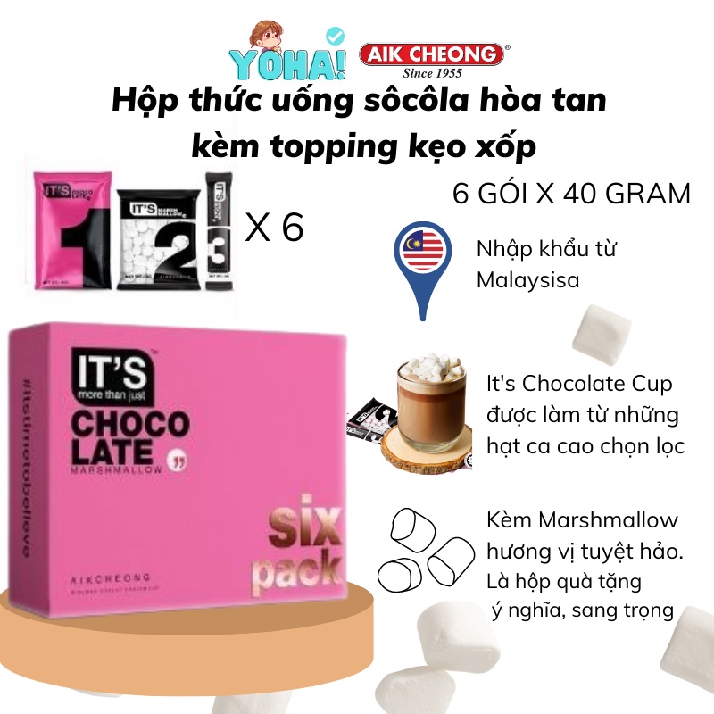 Hộp thức uống sôcôla hòa tan kèm topping kẹo xốp Aik Cheong Chocolate Marshmallow 318g (6 Gói)