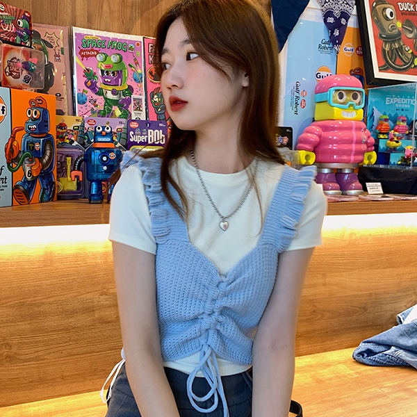 Thiết Kế Sense Niche Áo Dệt Kim Không Tay Phối Dây Rút Màu Trơn Dễ Phối Đồ Phong Cách Mới Cho Nữ