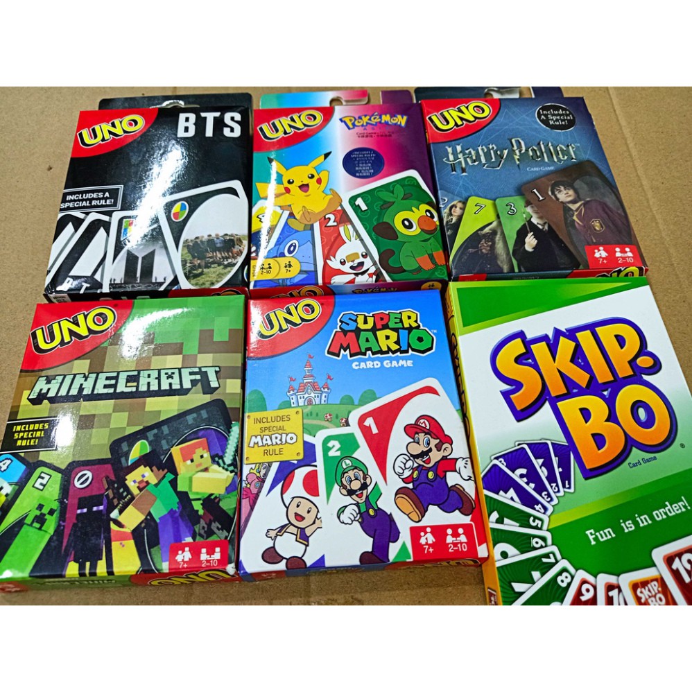 Thẻ bài Uno In Hình Hoạt Hình Bộ bài trò chơi Uno Classic, Wild, Skip Bo, Flip, Phase 10, DOS, BTS, Harry Porter,Supe