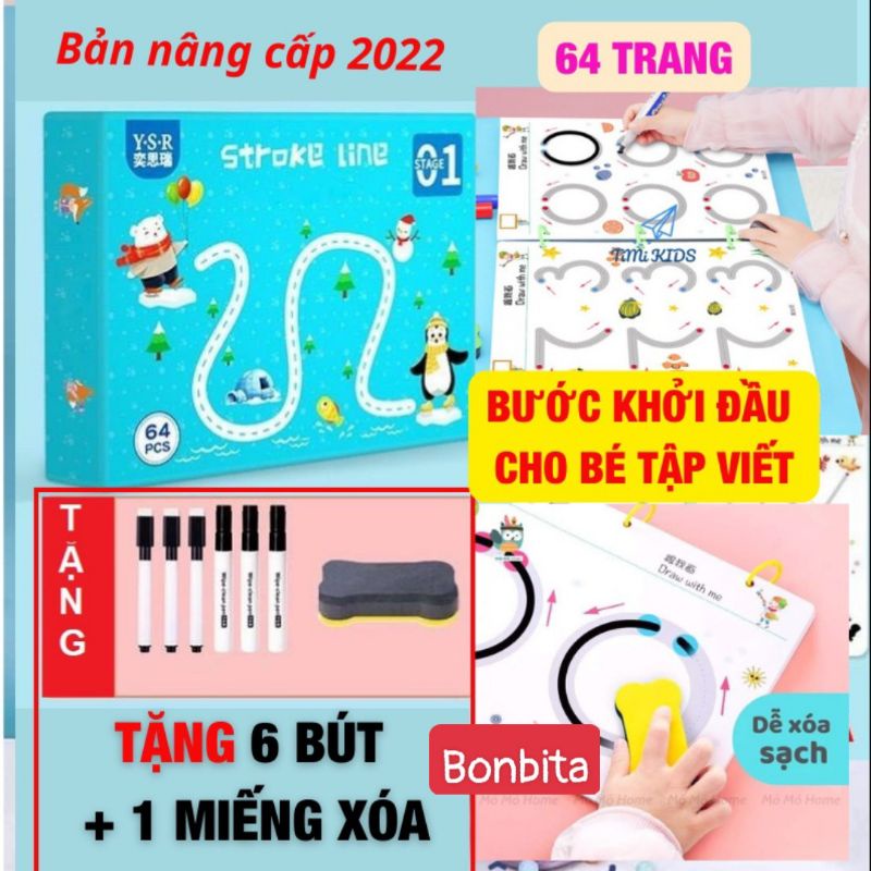 Combo tập tô vẽ thông minh xóa được 64 trang kèm bút dạ - Đồ chơi Giáo Dục học liệu Montessori cho bé từ 2 3 4 5 tuổi