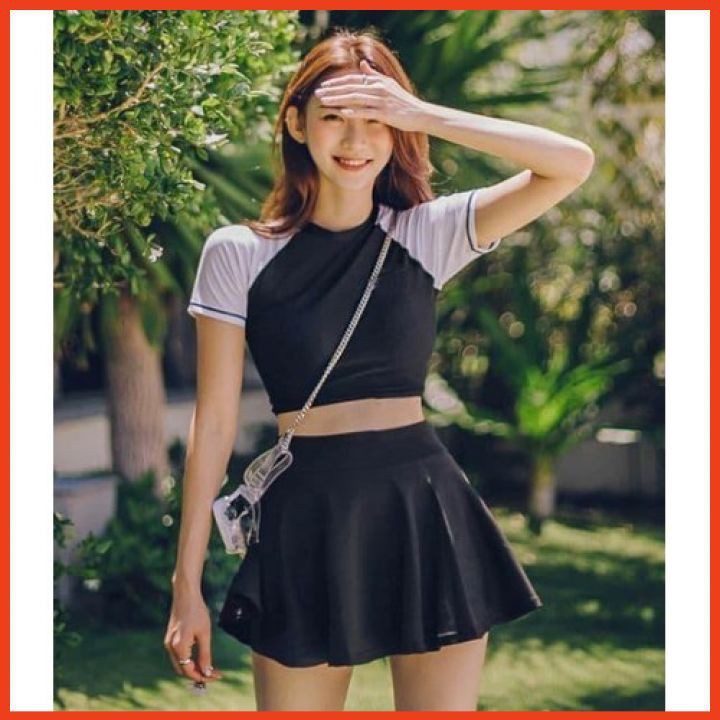 Bộ Bơi 2 Mảnh Cộc Tay Dáng Váy Thời Trang Bikini Hai Mảnh Hàn Quốc Đi Biển Kín Đáo SV2M0CT