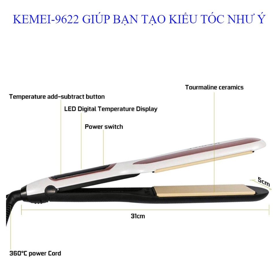 Máy Là Tóc,Máy Ép Duỗi Tóc Thẳng 10 Mức Chỉnh Nhiệt KEMEI 9622 - Tạo Kiểu,Làm Đẹp, Là Thẳng Tóc