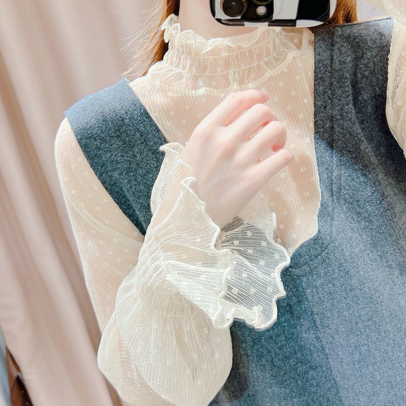 Áo Ren Lưới Tay Loe Dài Cổ Cao Phong Cách Hàn Quốc Dành Cho Nữ