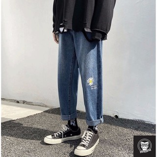 Quần jean baggy nam nữ ống suông hoa cúc