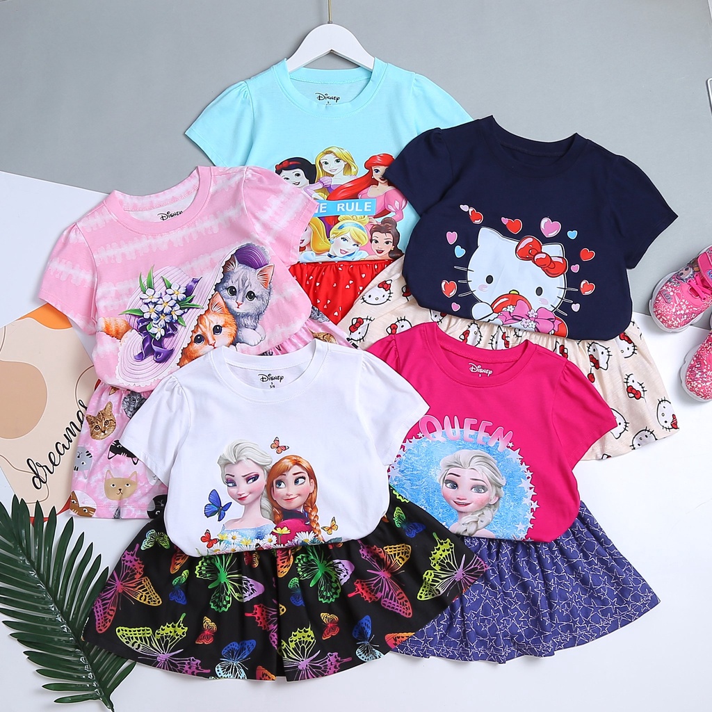 Set áo + váy ngắn tay thun cotton bé gái in 3D Disney Bạch Tuyết, Elsa, Mickey và Pony size 4-14T