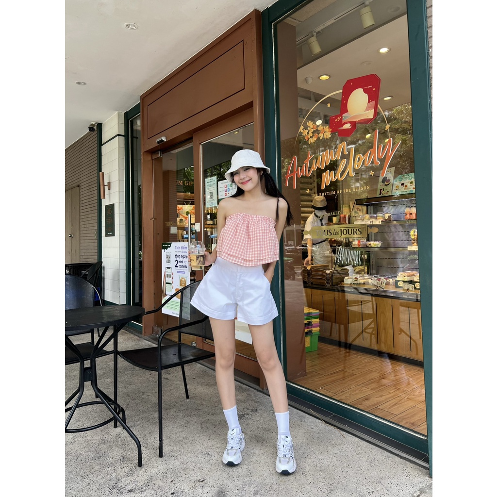 TRIPIEM - Áo croptop hai dây caro hồng viền bèo 2 tầng Pinky Top