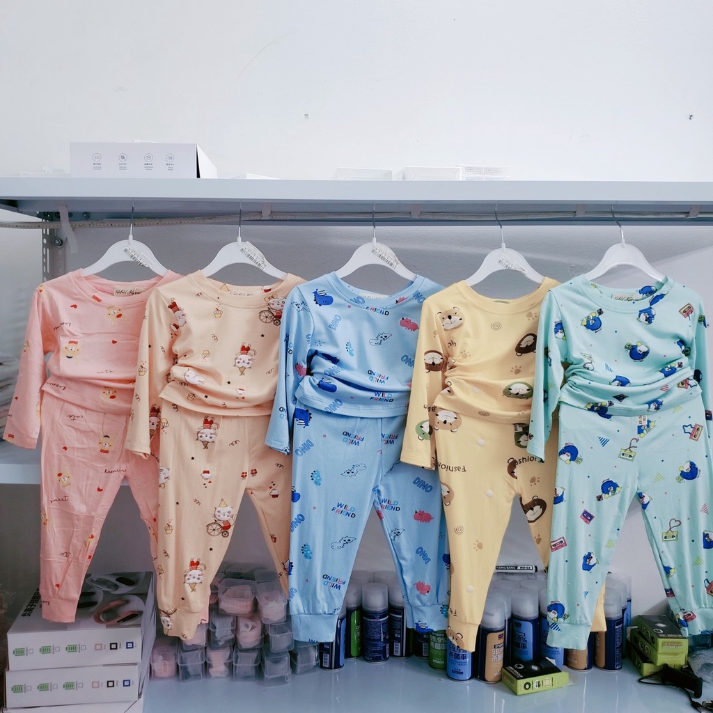 Bộ dài tay vải thun lạnh điều hòa in họa tiết cho bé trai/ bé gái (7-17kg)