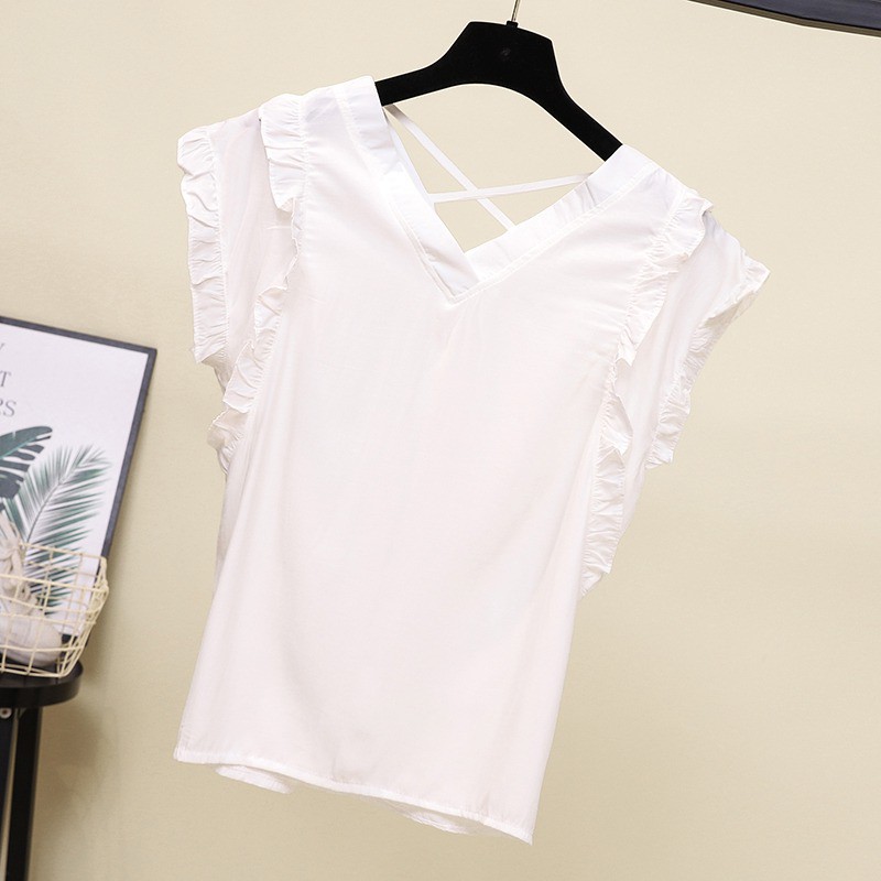 [Baywellfashion]Áo kiểu tay loe phối bèo màu trơn thiết kế cổ chữ V nữ tính | BigBuy360 - bigbuy360.vn