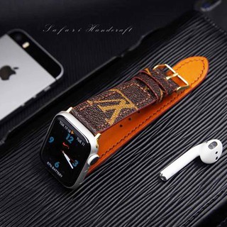 [1 Tháng Bảo Hành] Dây Apple Watch Thời Trang - Khâu Chỉ Thủ Công - Mẫu LV Nâu Viền Chỉ Cam Chỉ Đỏ