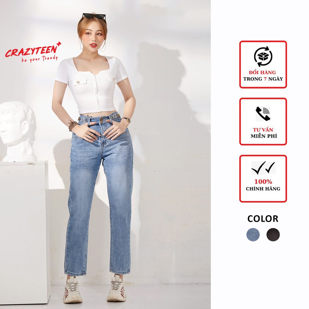 Quần jeans nữ CRAZYTEEN dáng baggy phối bản lưng K0104 | WebRaoVat - webraovat.net.vn