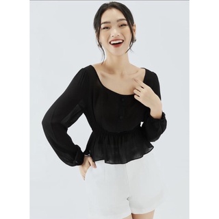 Áo nữ màu đen dài tay cổ vuông new nguyên tag