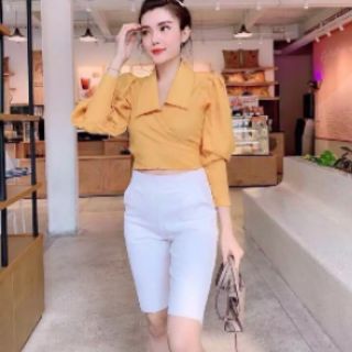 Áo crop top đắp chéo kiểu sơ mi thắt nơ lưng