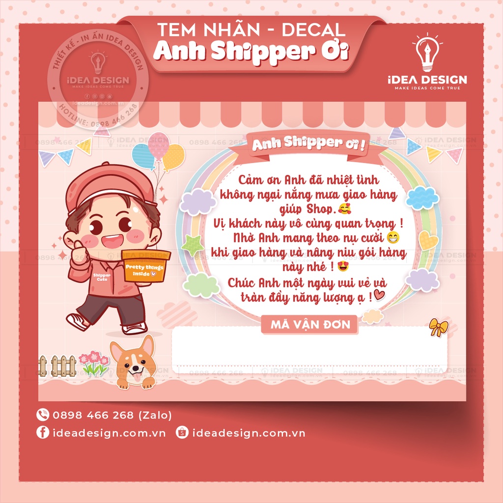 Decal Dán, Tem Nhãn Dán Cám Ơn Anh Shipper Có Ô Ghi Vận Đơn Và Keo Dính - Size 10x7cm Cán Màn Bóng Chống Nước Cam Pastel