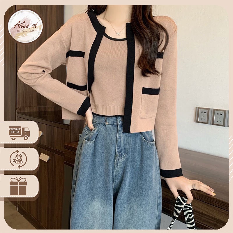Set Bộ Len Mongtoghi 2 Món Áo Ba Lỗ Và Áo Khoác Viền Dài Tay Cổ Tròn Có Túi Croptop Cardigan Ailee AO NU 007A1