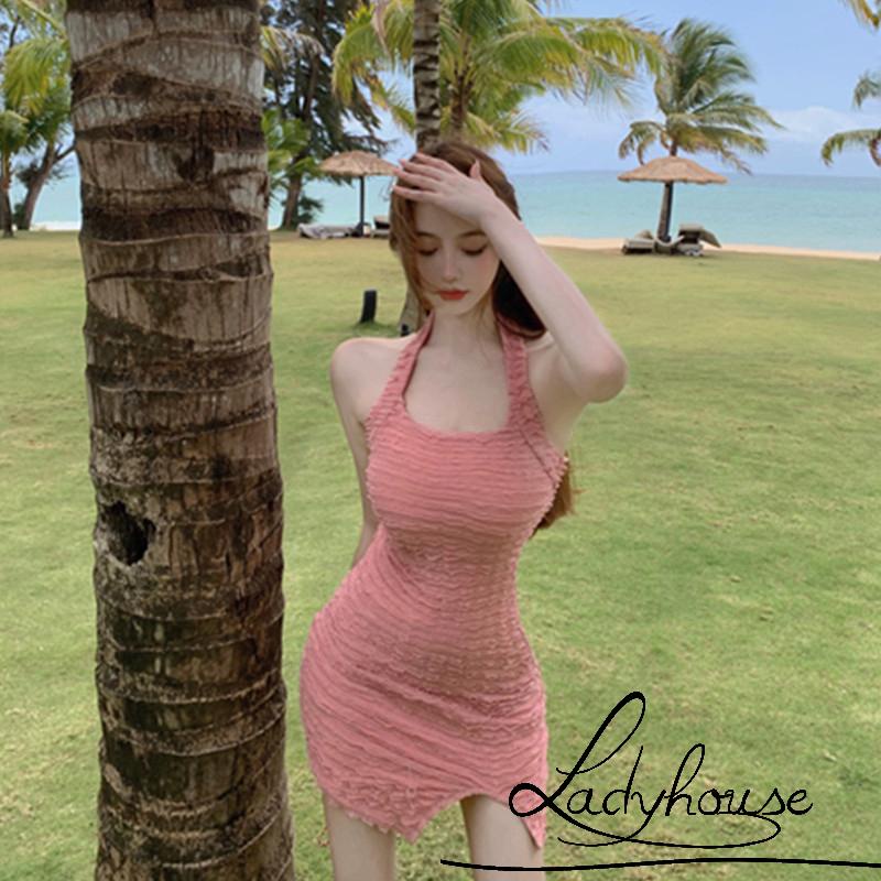 LD-Đầm mini ôm dáng màu trơn cổ yếm xẻ tà thấp gợi cảm cho nữ dự tiệc