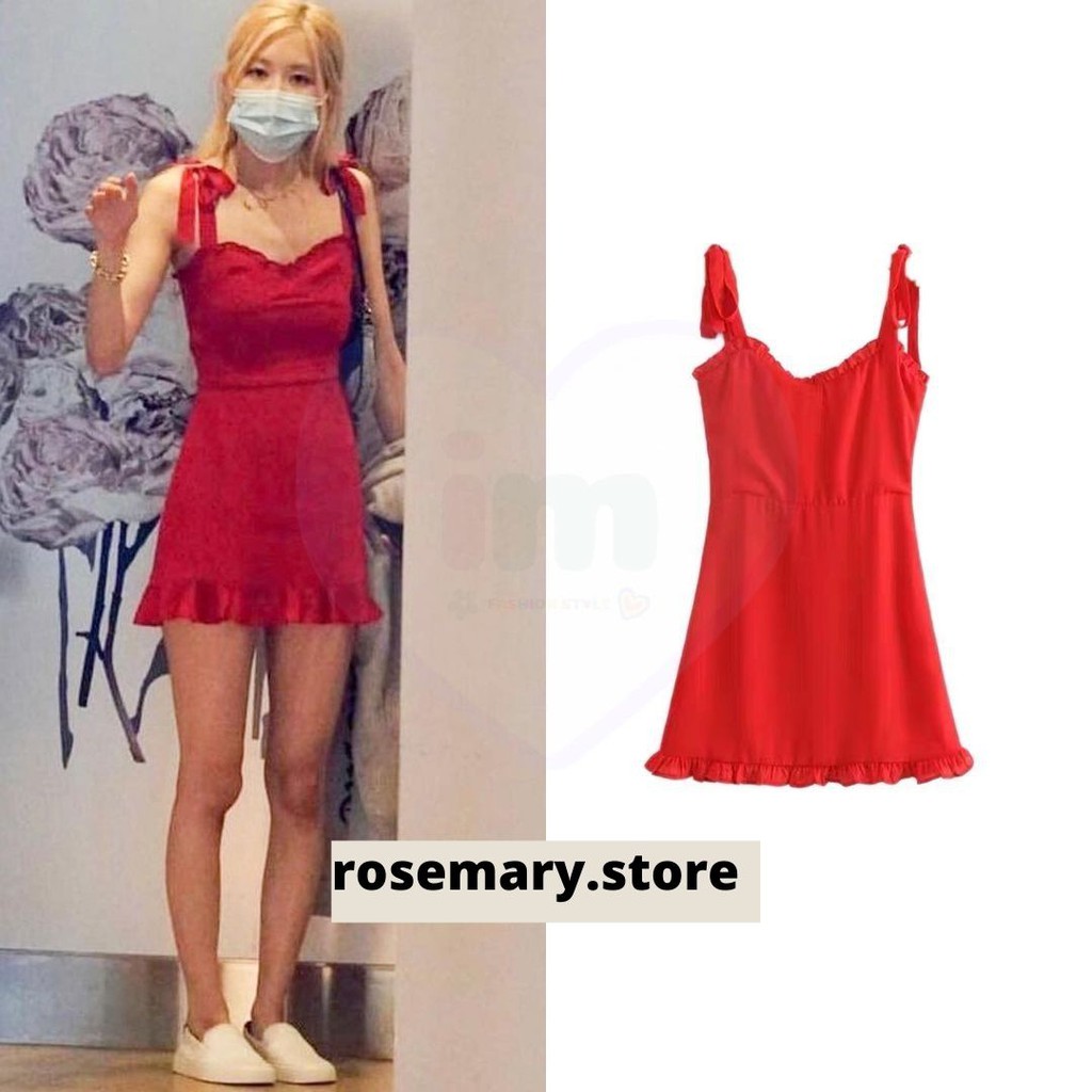 Có sẵn_Váy đỏ hai dây buộc nơ Rose Blackpink