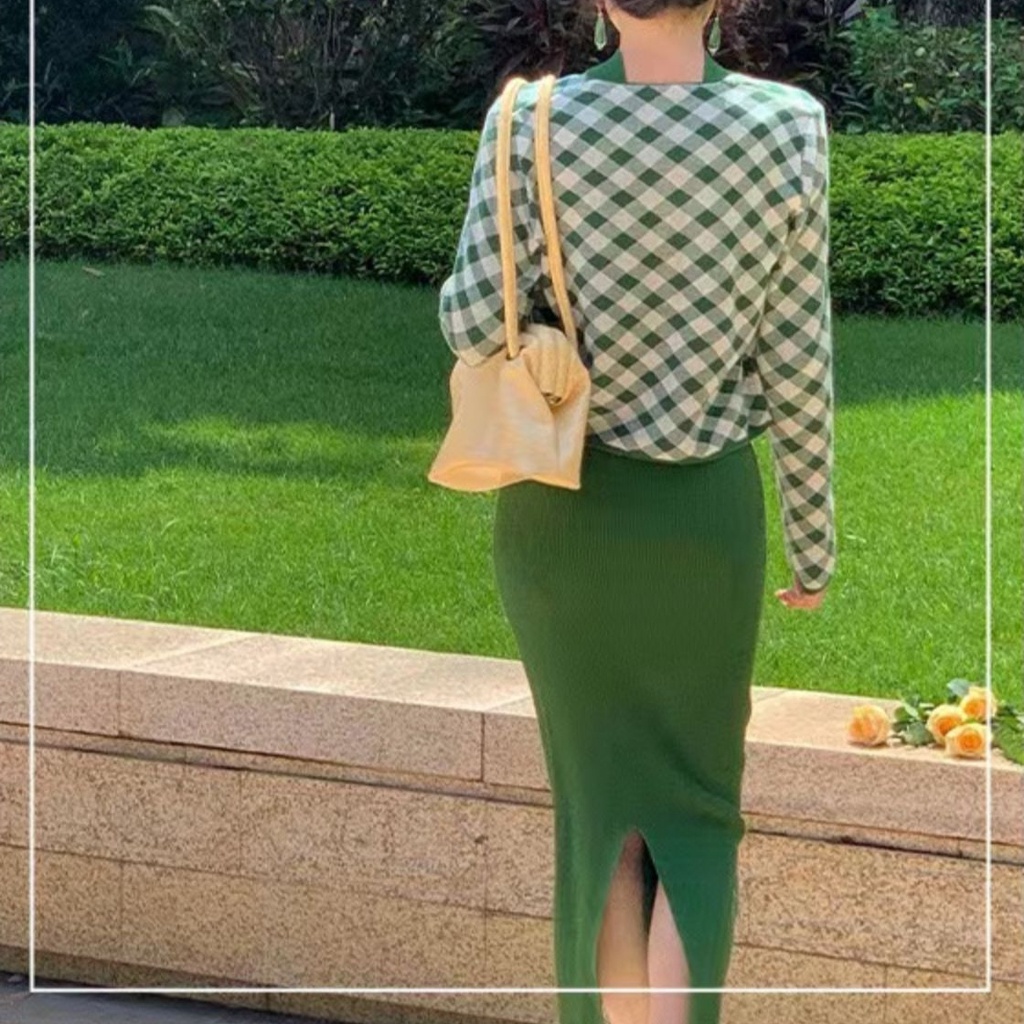 SUXI Đầm midi dệt kim tay dài hở vai màu trơn thời trang mùa thu mới cho nữ