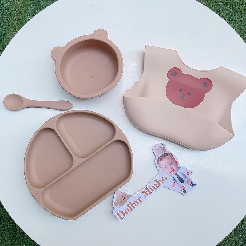 set ăn dặm silicon khay 3 ngăn cao cấp mẫu mới (khay, bát, yếm, thìa dĩa)