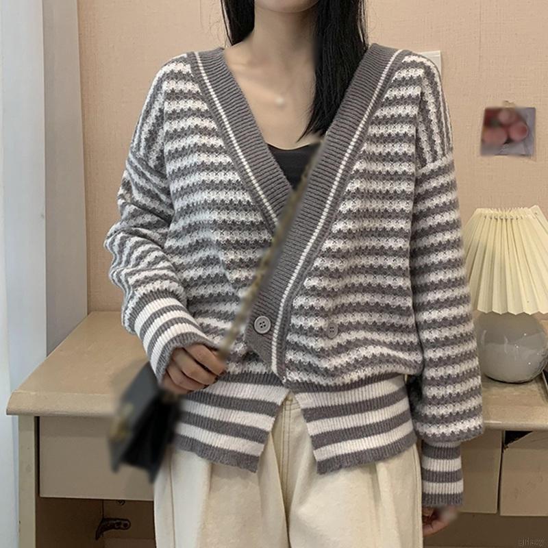 Áo khoác cardigan dệt kim cổ chữ V tay dài dáng rộng họa tiết kẻ sọc phong cách retro Hàn Quốc cho nữ