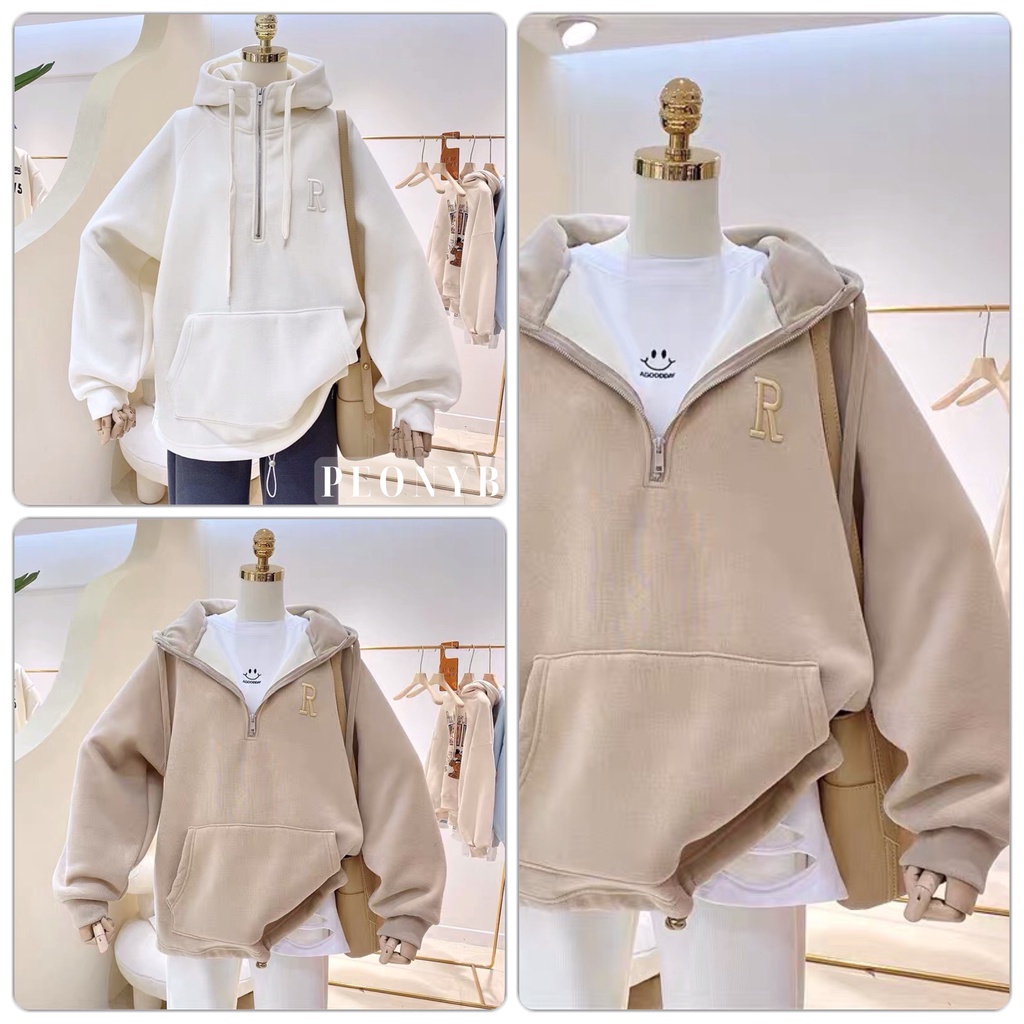 Áo Hoodie Cổ Khóa Zip Thêu Chữ R PEONYB Unisex [FREESHIP] Polo nỉ ngoại form rộng tay bồng kiểu dáng oversize hàn quốc đ