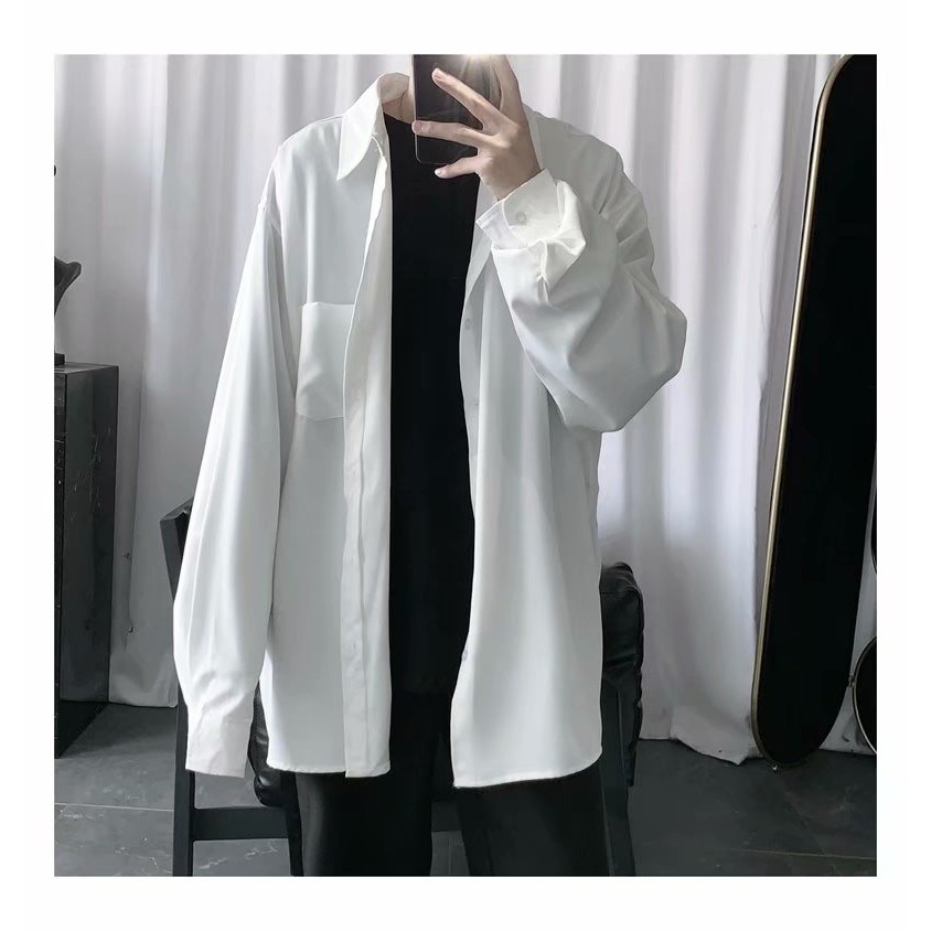 Áo sơ mi trắng tay dài dáng rộng thời trang thường ngày cho nam