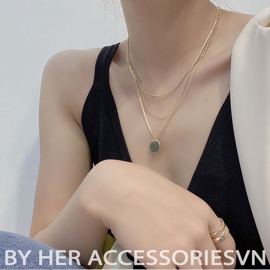 Dây chuyền nữ, vòng cổ chocker 3 tầng mặt tròn phong cách Vintage HER.ACC | C7