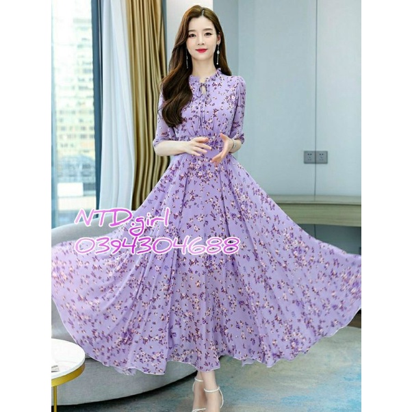 Hàng nhập - Đầm dáng xòe maxi voan hoa tím, váy dự tiệc cổ bèo rút dây