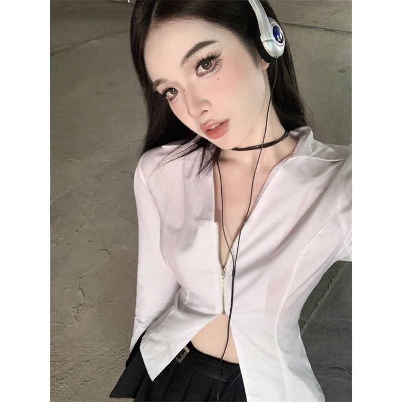 QKOOLE Áo sơ mi  tay dài cổ chữ V phối khóa kéo thời trang Hàn Quốc cho nữ